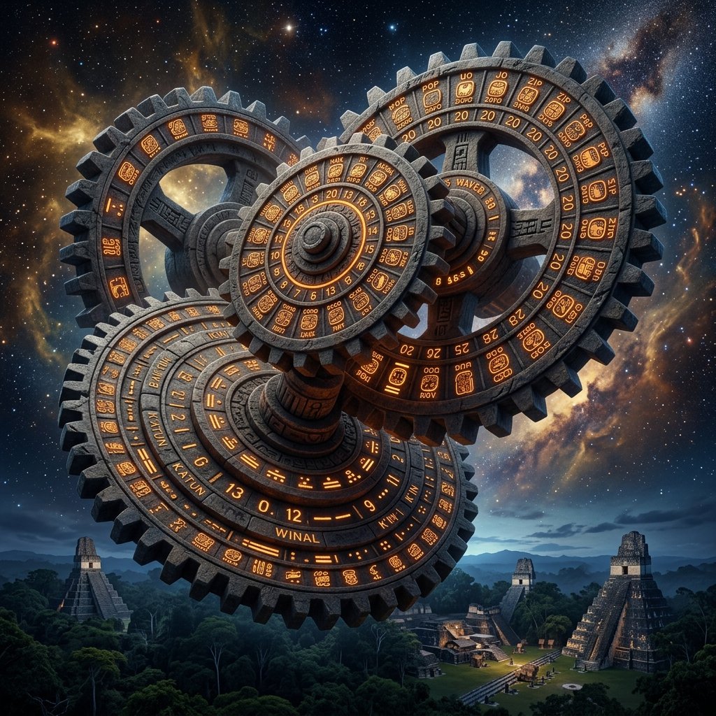 Three interlocking Maya calendar wheels — Tzolk'in, Haab', and Long Count — rendered as massive stone gears floating in space