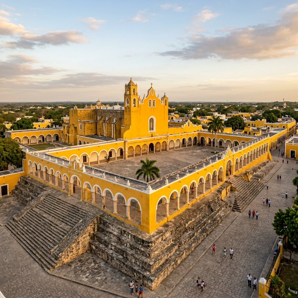The golden-yellow Franciscan convent of San Antonio de Padua in Izamal, Yucatan, built on top of an ancient Maya pyramid platform dedicated to Itzamná, with grand arched walkways under blue sky