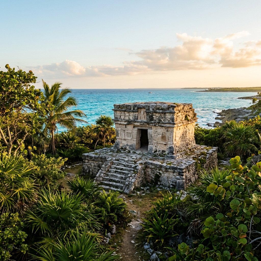 A small Maya stone temple ruin near the coast of Cozumel island, surrounded by tropical vegetation with the turquoise Caribbean Sea visible in the background, warm golden hour light