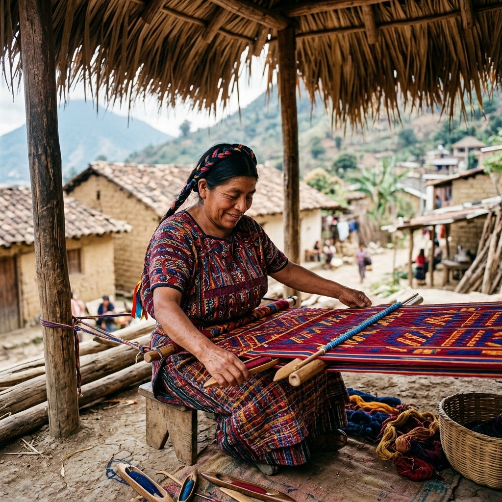 A Maya woman weaving on a traditional backstrap loom, creating a colorful textile with intricate geometric patterns in reds, blues, and yellows, under a thatched palapa in a Guatemalan highland village
