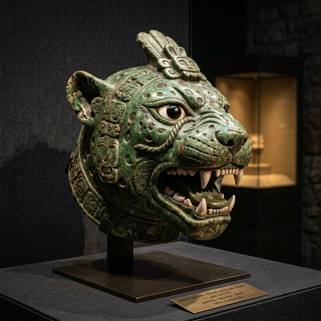 Carved jade jaguar head from a Maya royal tomb with inlaid obsidian eyes — museum artifact photography