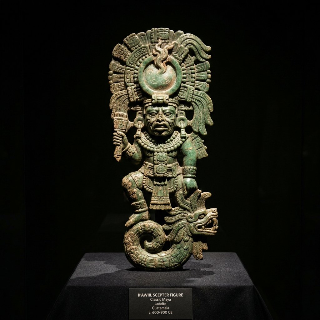 Ancient Maya carved K'awiil scepter with serpent-footed god figure — museum artifact