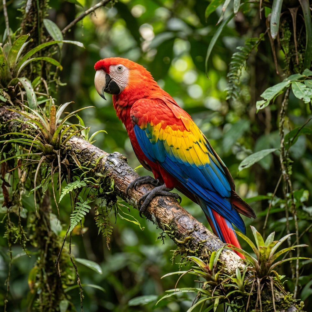 A scarlet macaw with brilliant red, yellow, and blue plumage perched on a branch in a tropical Central American forest