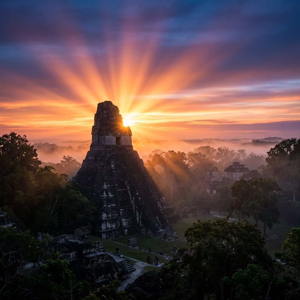 A dramatic sunrise behind a Maya pyramid temple, with the sun rising above the stone structure sending rays of golden light outward, mist rising from the surrounding jungle canopy
