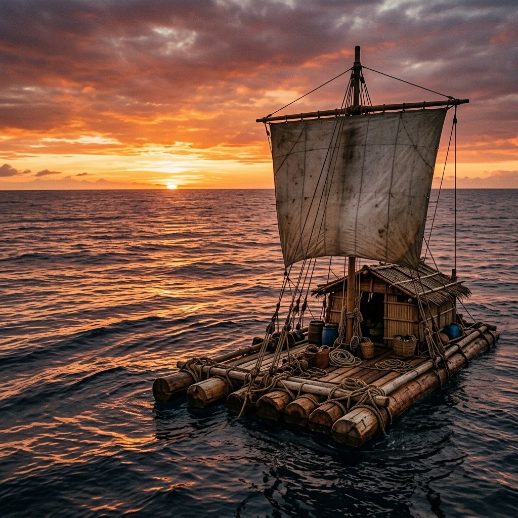 A traditional balsa wood raft with square sail on the open Pacific Ocean at sunset — demonstrating the viability of ancient transoceanic voyaging