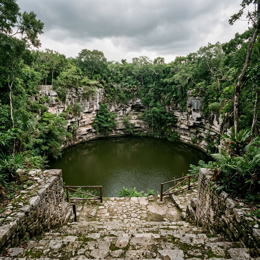 The Sacred Cenote at Chichén Itzá — a large circular natural limestone sinkhole filled with dark green water, surrounded by vertical limestone cliffs covered in dense vegetation