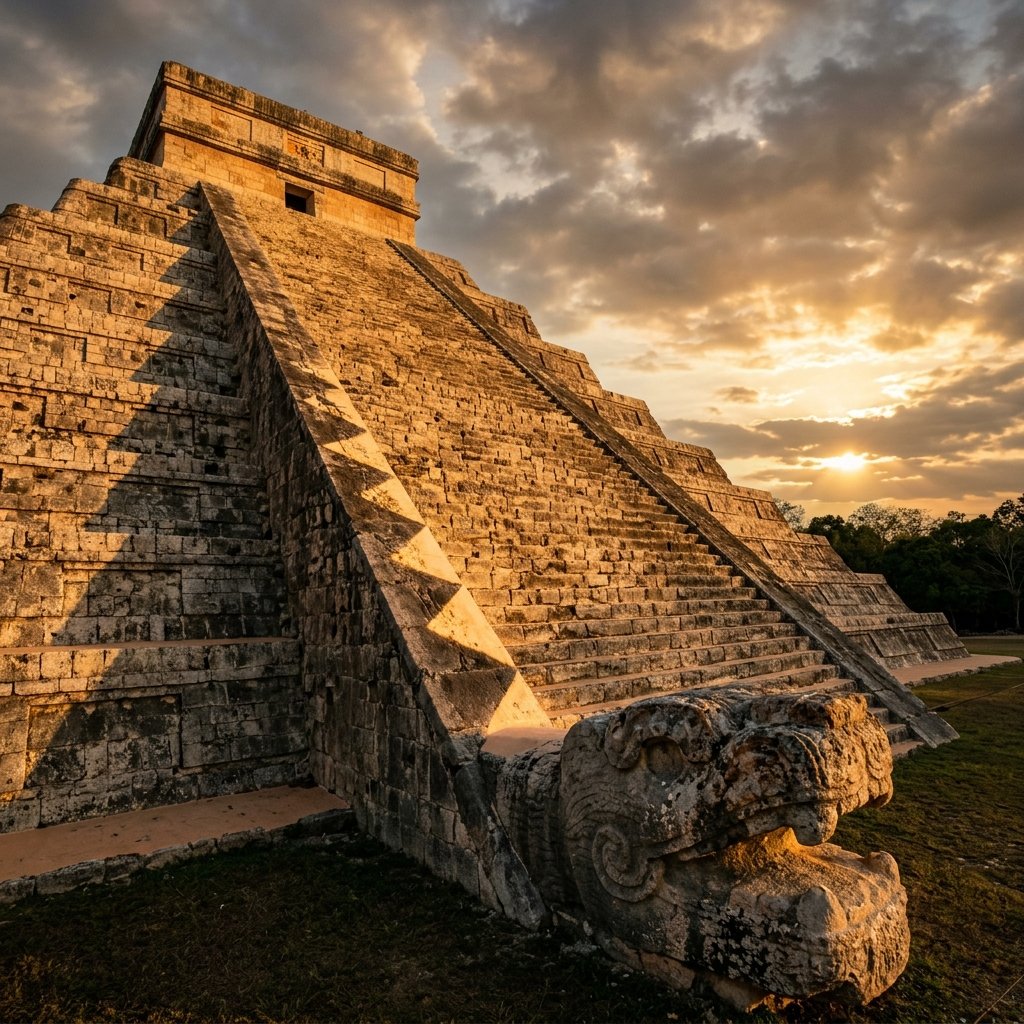 The north staircase balustrade of El Castillo pyramid at Chichén Itzá during the equinox, showing triangular light and shadow patterns creating the illusion of a serpent descending to the carved serpent head at the base