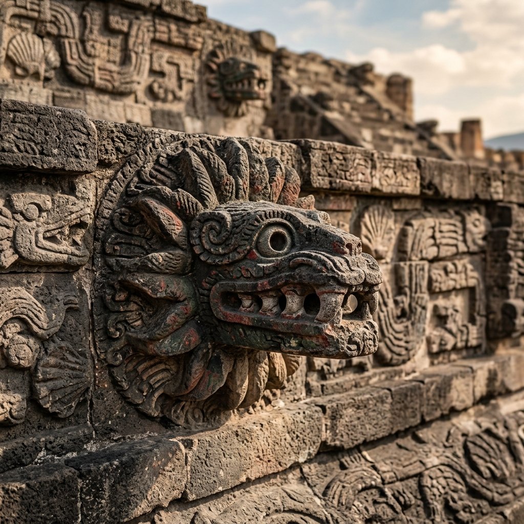 Close-up of a carved stone feathered serpent head protruding from the facade of the Temple of the Feathered Serpent at Teotihuacan, showing the distinctive goggle-eyed serpent with a ruff of carved feathers