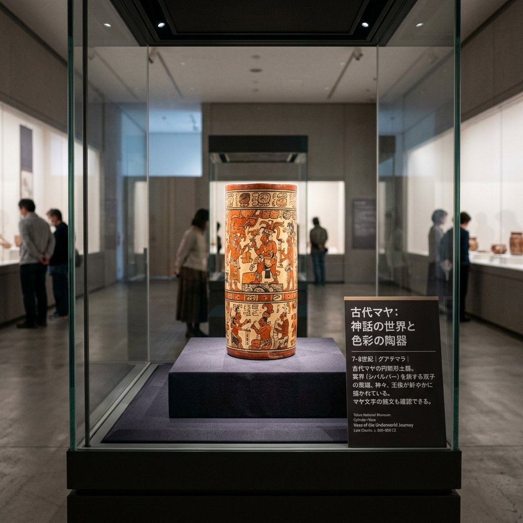 Maya polychrome vessel in Japanese exhibition case