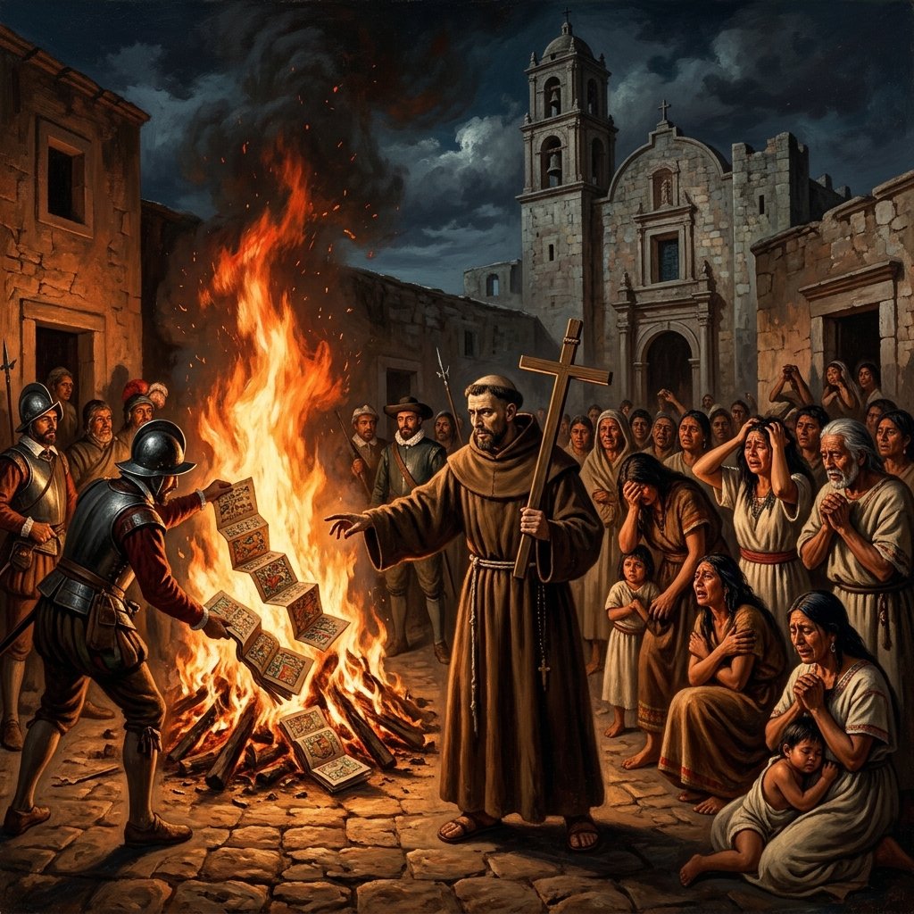 Franciscan friar before a bonfire of burning Maya codices in a colonial courtyard — classical historical painting