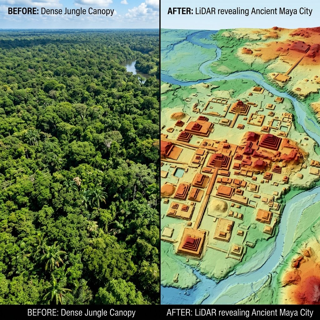 LiDAR scanning technology revealing hidden Maya structures beneath the jungle canopy, showing the true massive extent of the ancient city