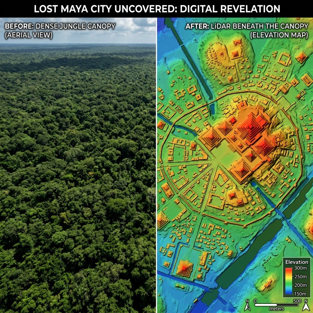 Before-and-after LiDAR visualization — dense jungle canopy on the left, a revealed ancient city with thousands of structures on the right