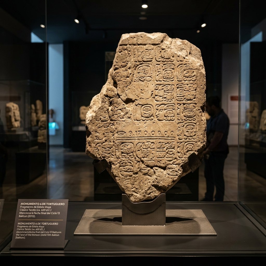 Fragment of a Maya stone monument with hieroglyphic inscriptions displayed in a museum setting with professional gallery lighting