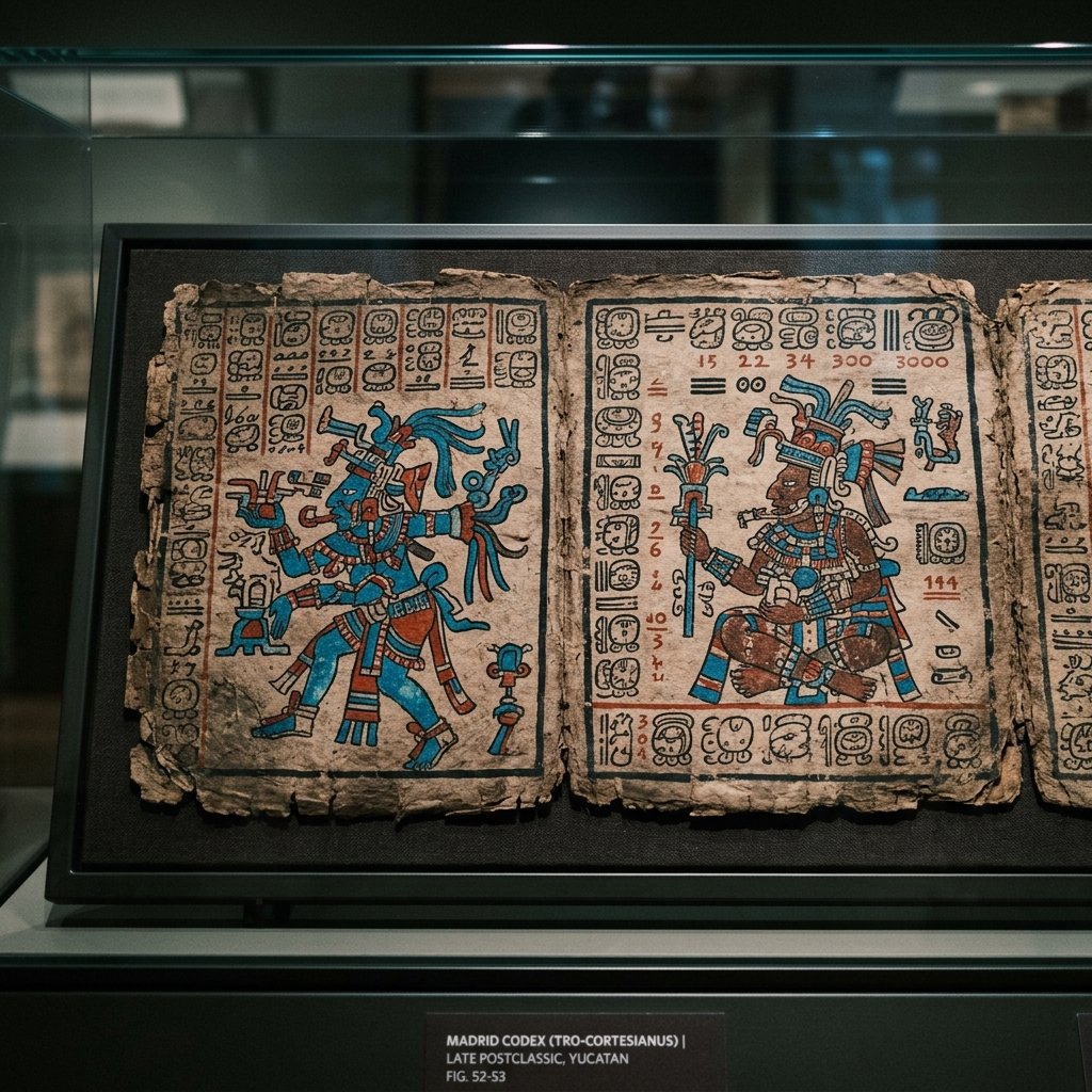 Page from the Maya Madrid Codex showing painted deity figures and hieroglyphic text
