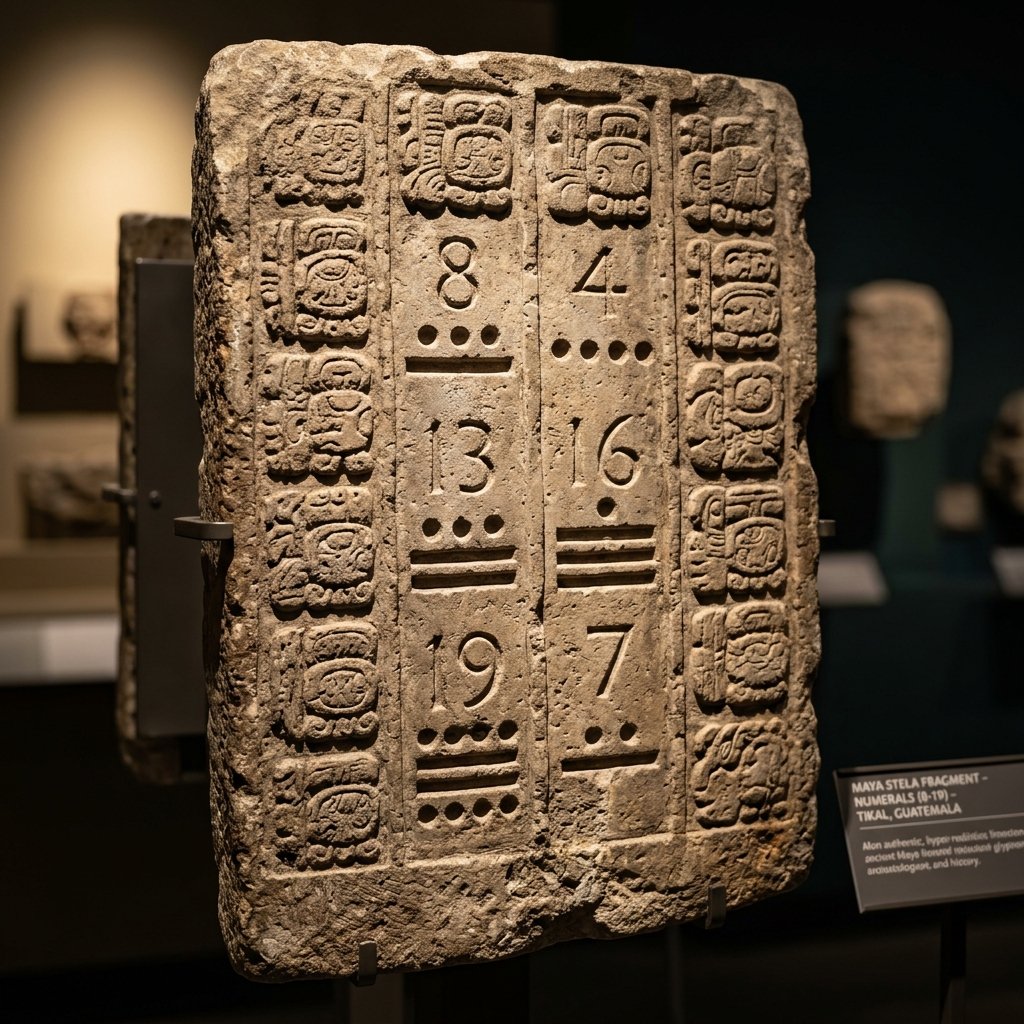 Museum photograph of an ancient Maya stone tablet showing carved dot-and-bar numerals in vertical columns, with visible chisel marks and aged limestone patina