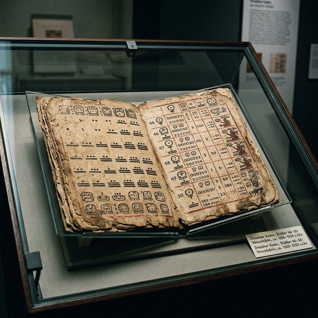 Conservation photograph of the Dresden Codex showing rows of Maya dot-and-bar numerals and astronomical calculations in red and black pigment on bark paper