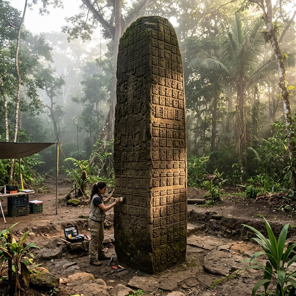 A tall Maya stela covered in Long Count date inscriptions and dot-and-bar numerals, standing in a jungle clearing, morning mist and dappled sunlight