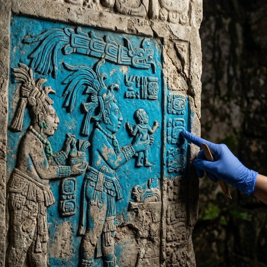 Vivid Maya Blue pigment on an ancient temple mural, still brilliant after more than a millennium