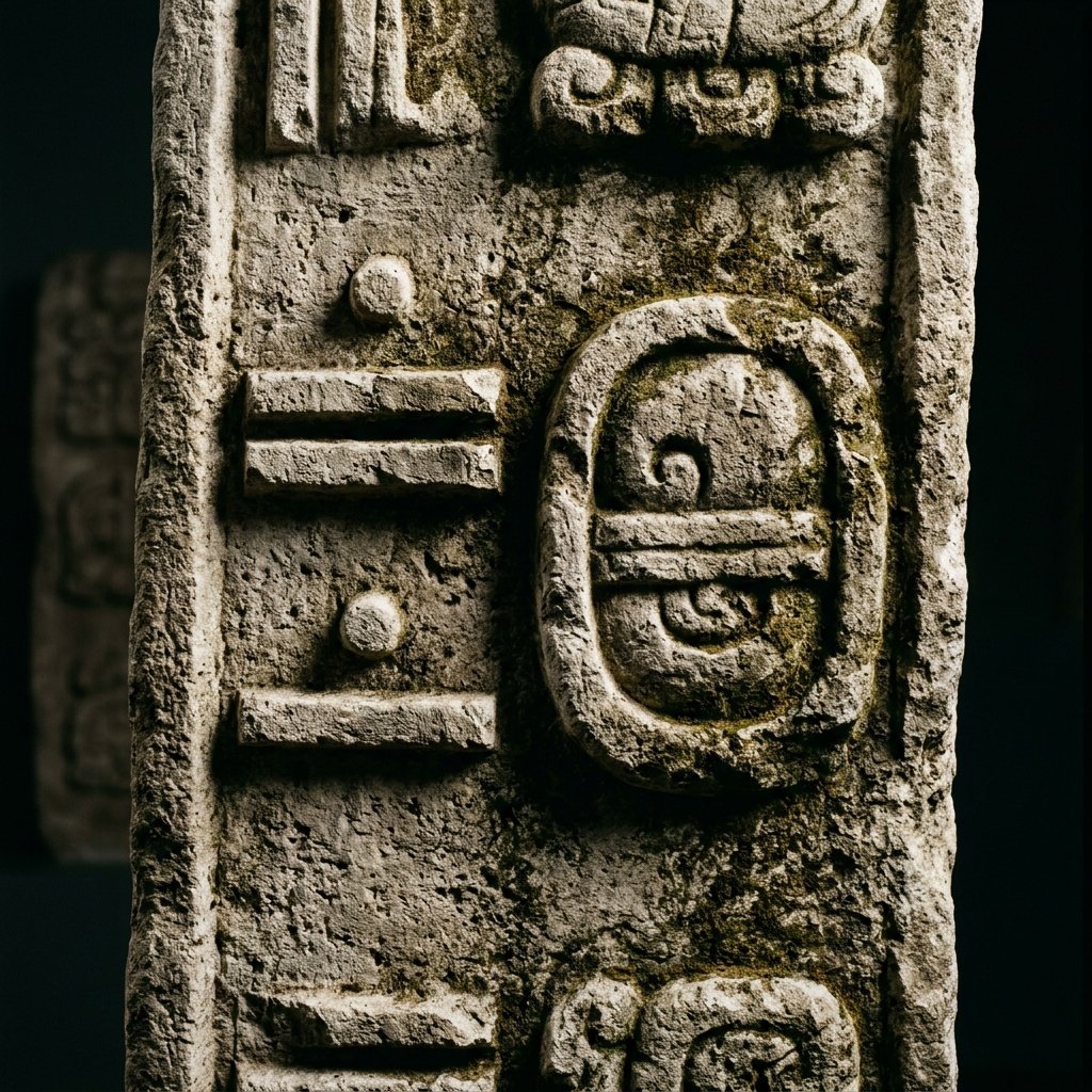 Ancient Maya stone carving showing the shell-shaped zero glyph alongside bar-and-dot numerical notation — mathematical innovation predating India by over a millennium