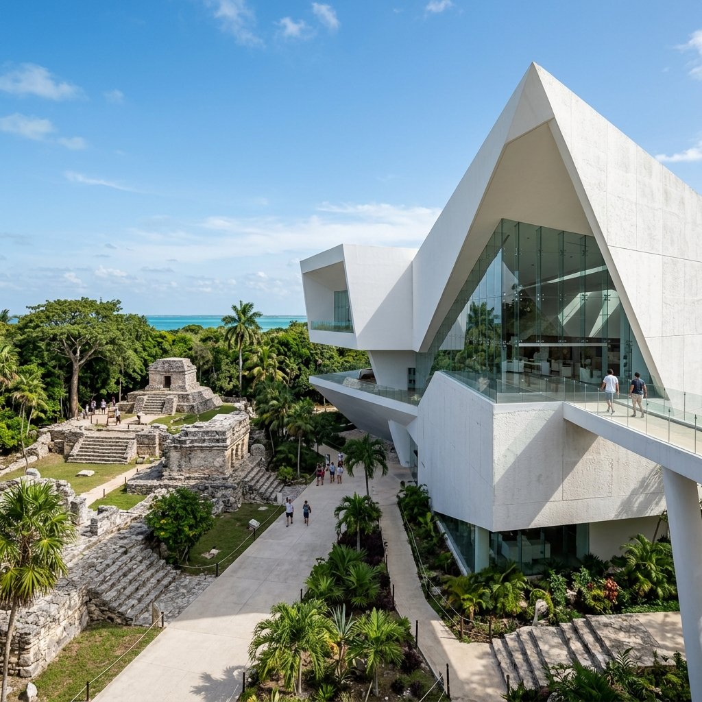 Museo Maya de Cancún — modern white angular building with glass walls and tropical vegetation