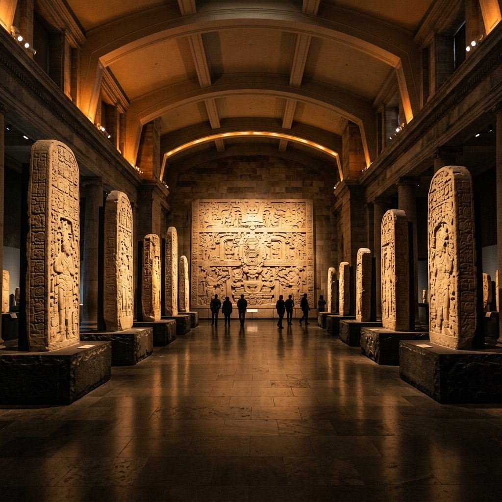 A grand museum gallery showcasing ancient Maya stone stelae and carved panels under dramatic amber spotlighting
