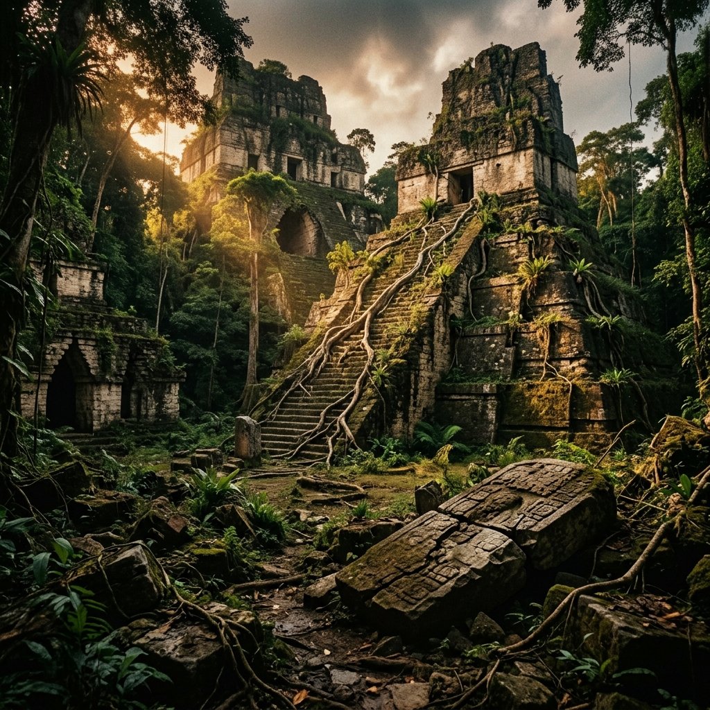 An abandoned Maya city consumed by jungle