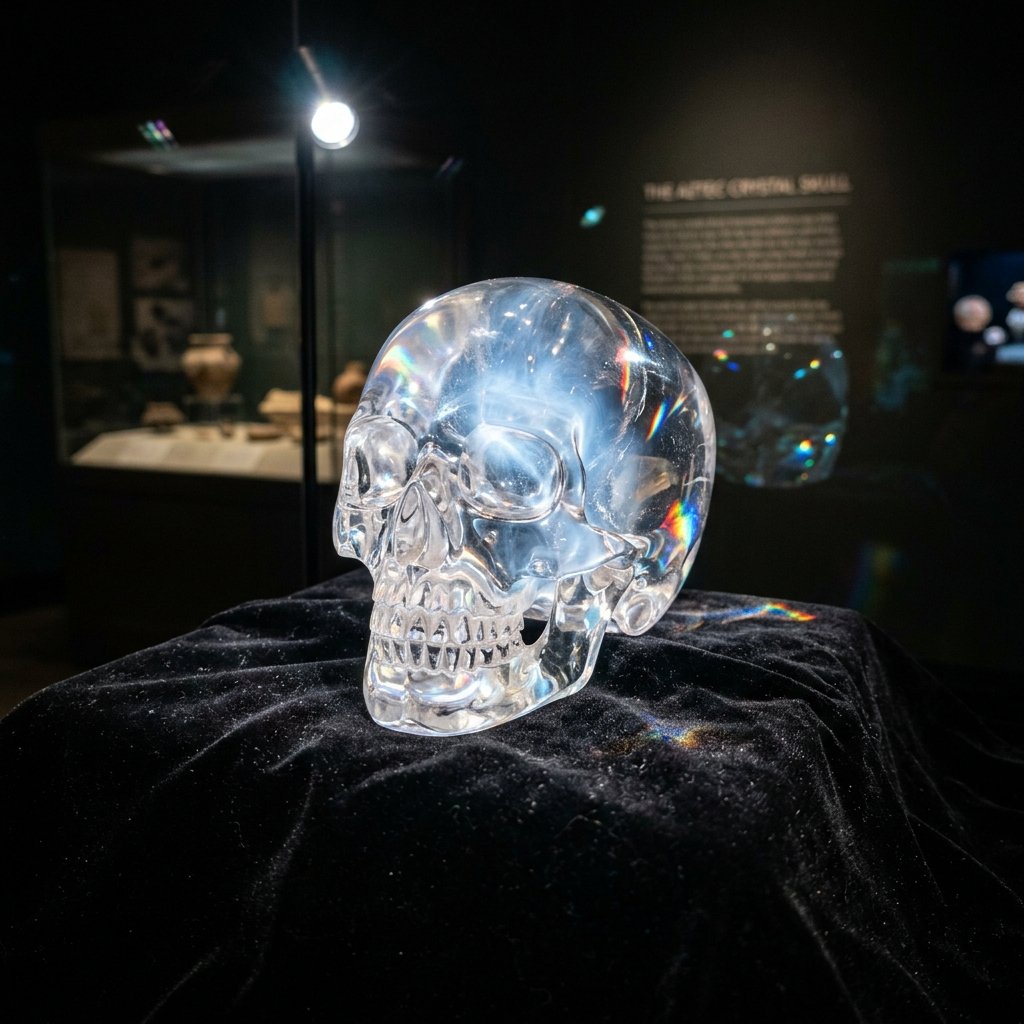 A crystal skull glowing with refracted light
