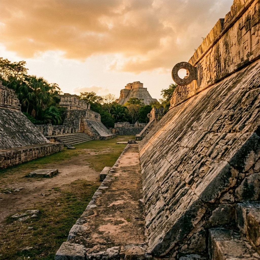 An ancient Maya ballcourt at golden hour with sloping stone walls