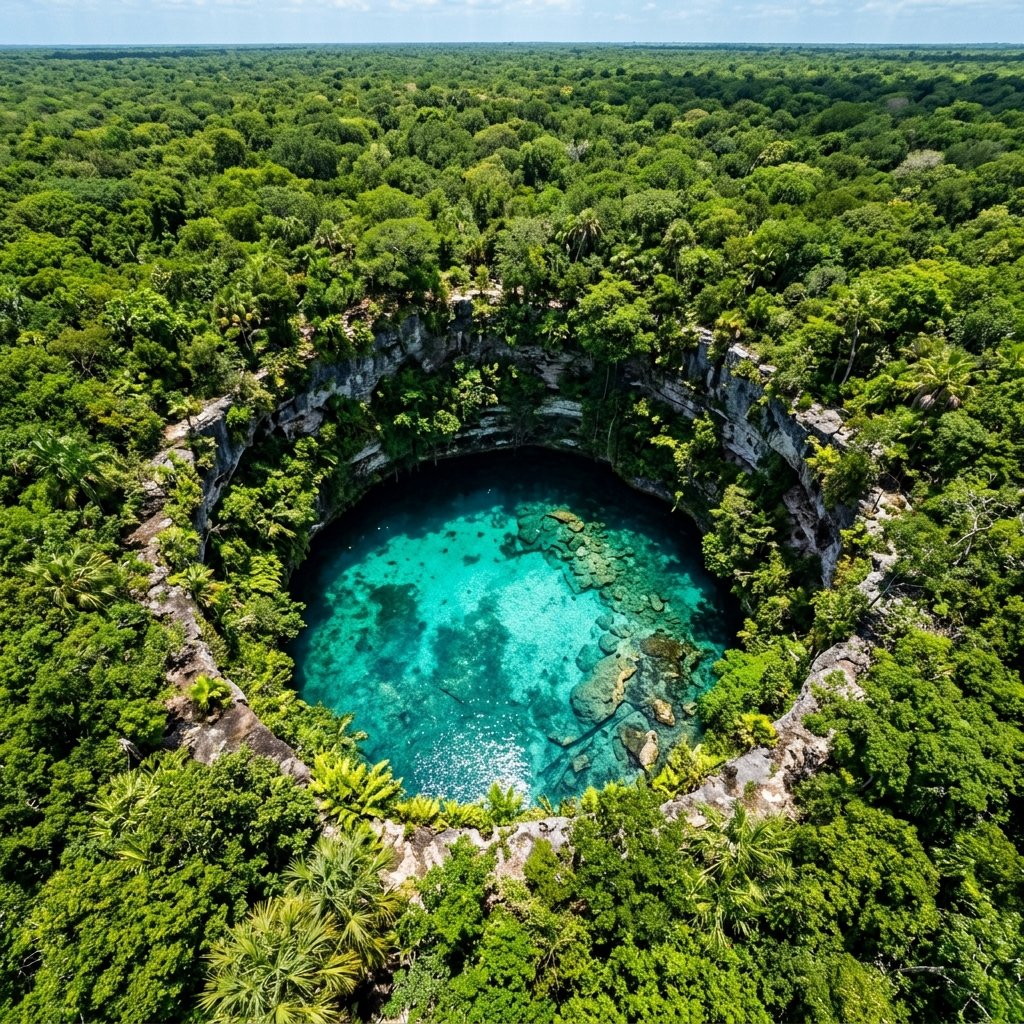 Overhead view of a jungle cenote in the Yucatán with turquoise water below