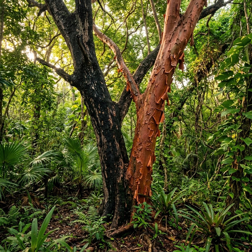 The poisonous Chechén tree growing beside the healing Chacá tree in a Yucatán jungle