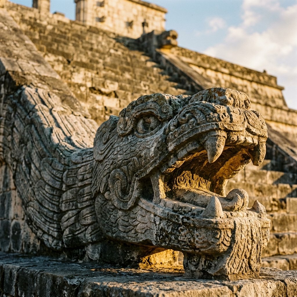 Carved stone head of Kukulkan at the base of El Castillo at Chichen Itza