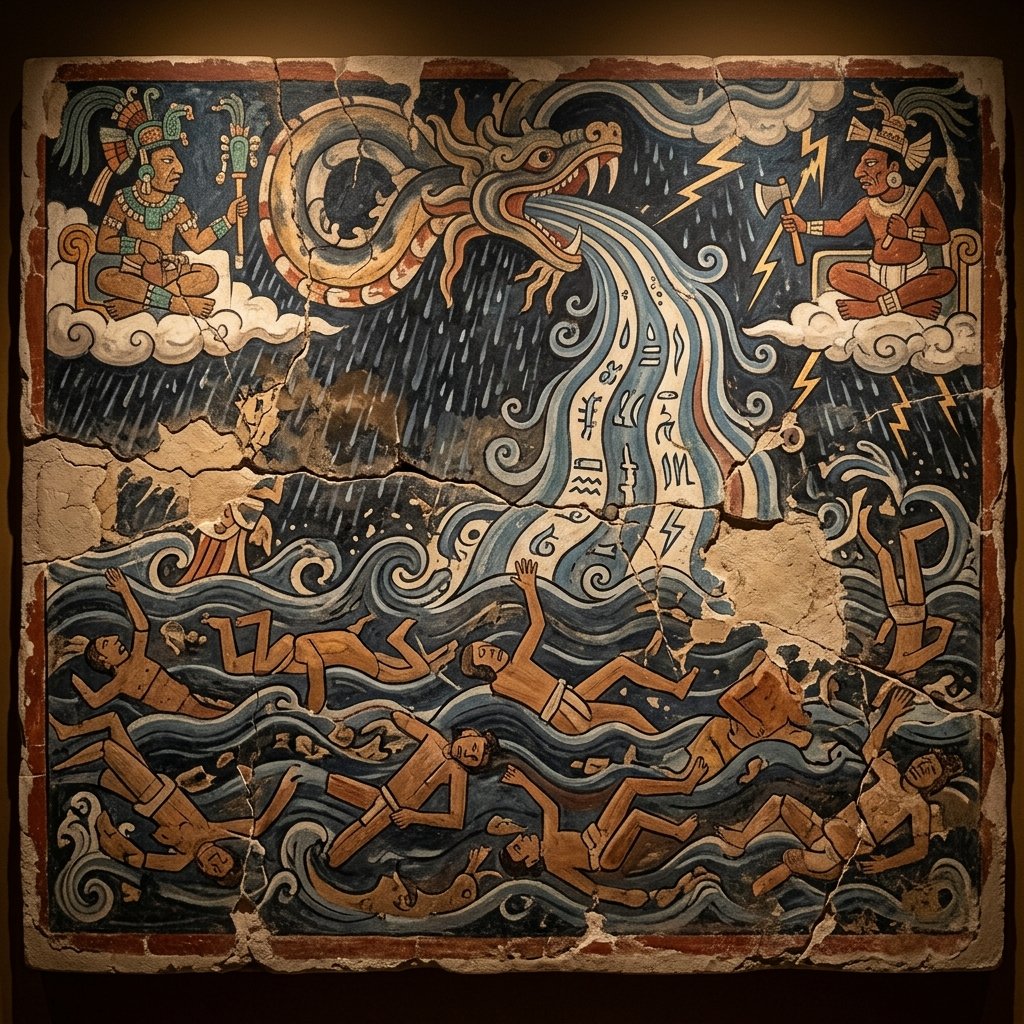 Ancient Maya mural depicting a catastrophic flood destroying wooden human figures