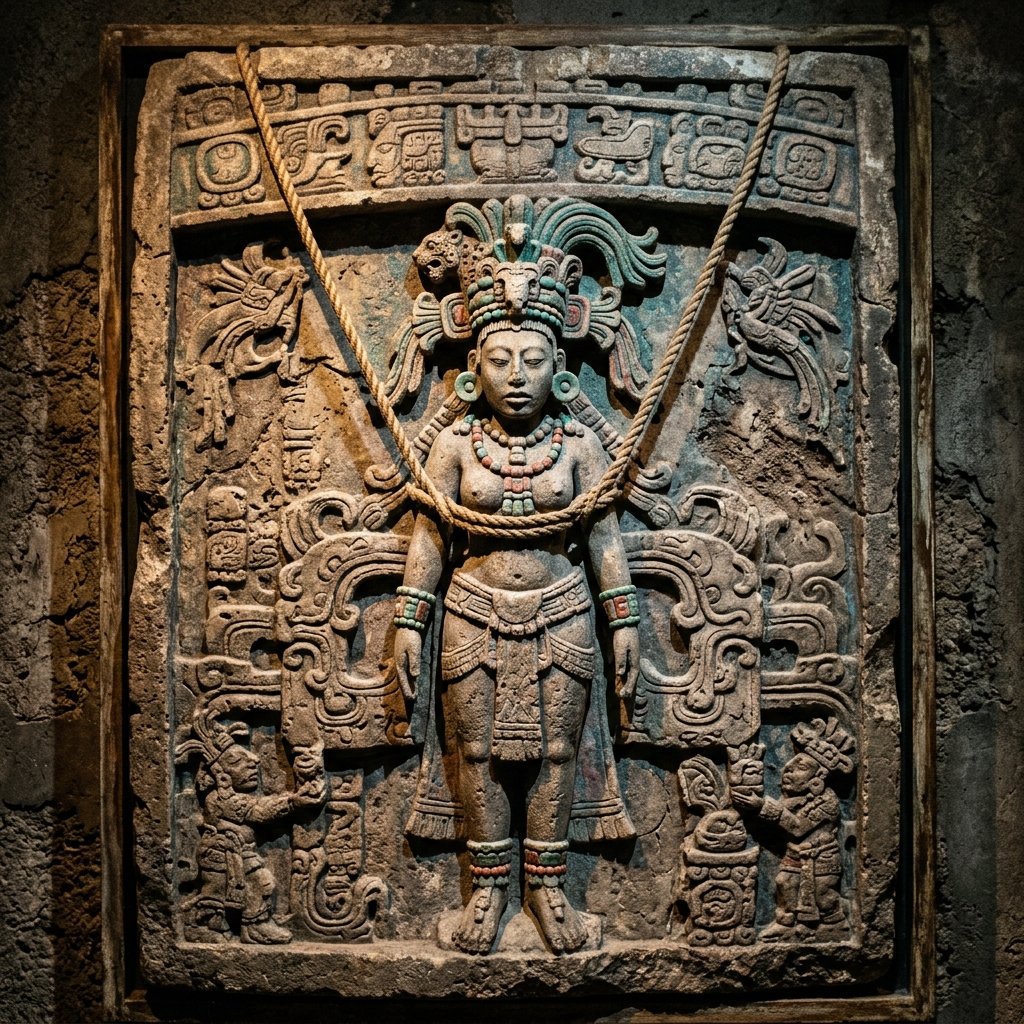 Ancient Maya carved stone relief of a female deity figure suspended from a celestial band