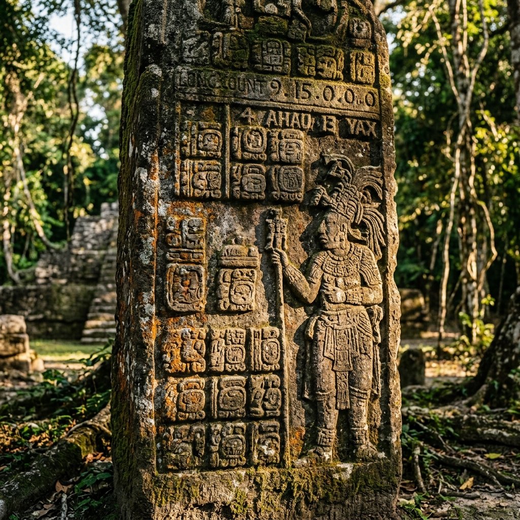 Ancient Maya stela with hieroglyphic calendar inscriptions in a jungle clearing
