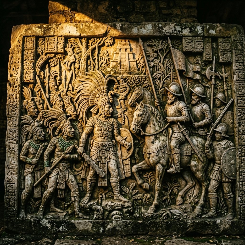 Stone relief depicting the first encounter between indigenous warriors and Spanish conquistadors