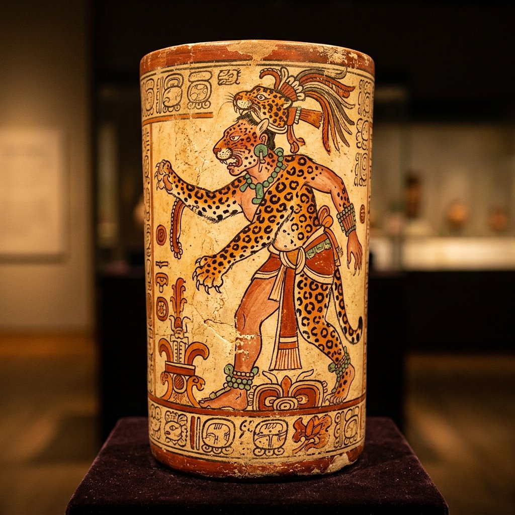 Maya ceramic painting of a supernatural jaguar transformation — a way spirit companion