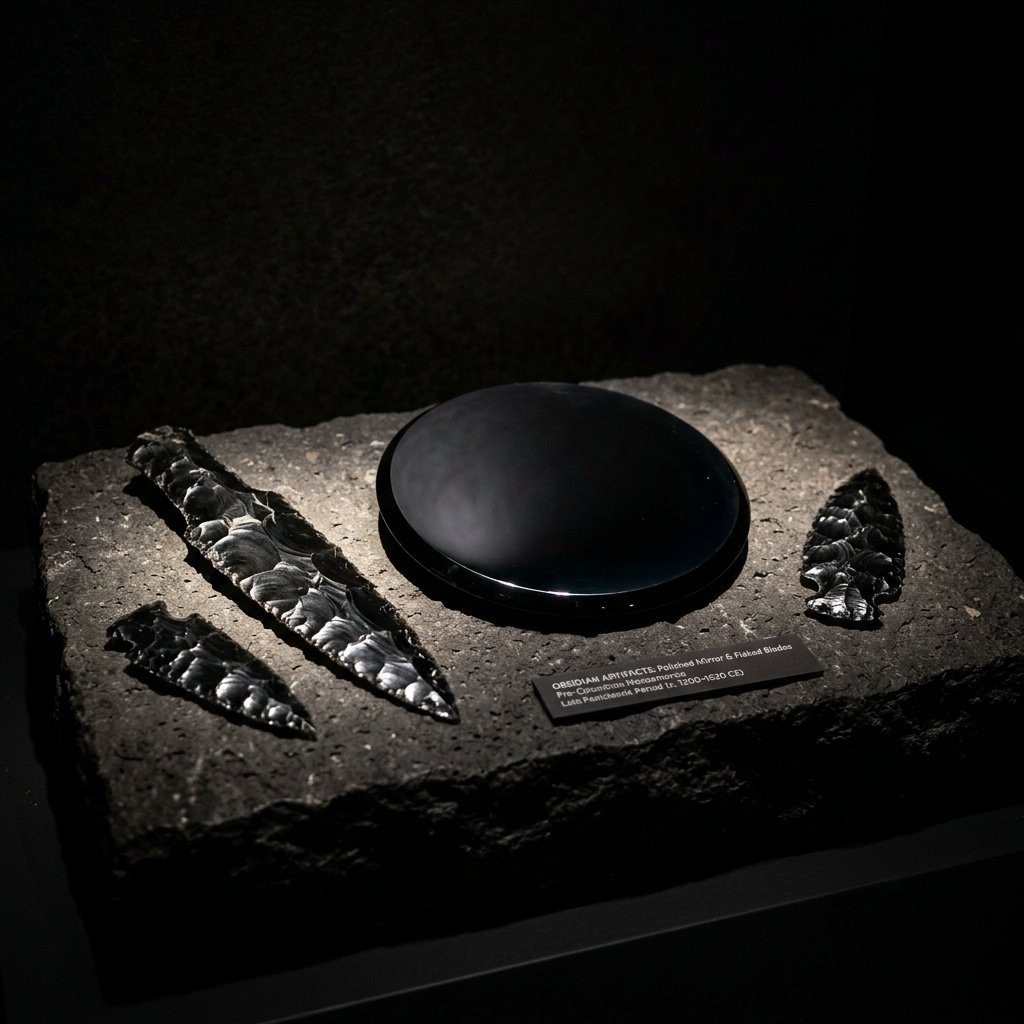 Collection of Maya obsidian blades, mirrors, and cutting tools displayed on stone — museum artifact photography