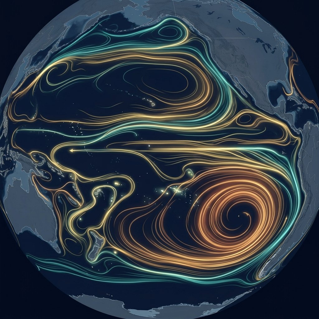 Scientific visualization of Pacific Ocean currents showing circulation patterns connecting South America, Polynesia, and Asia
