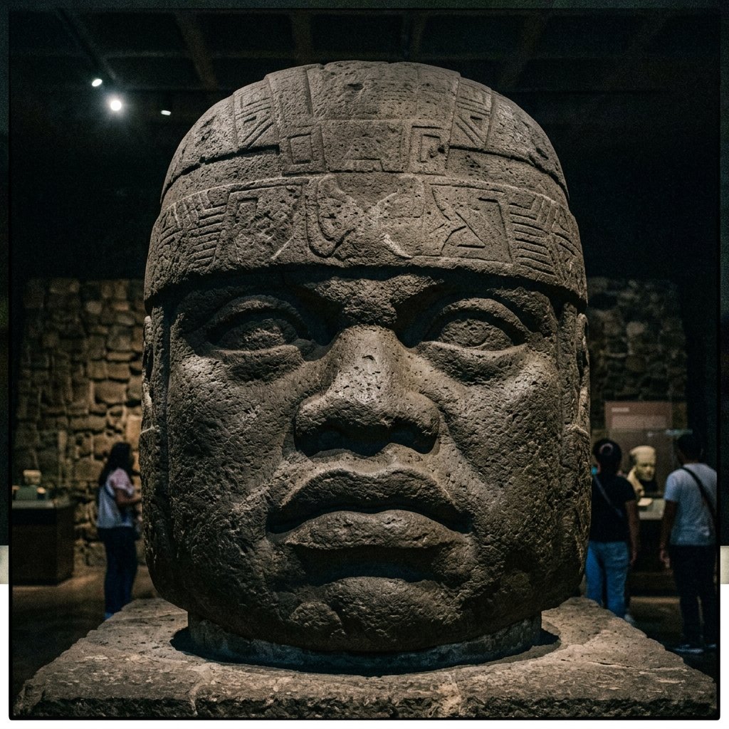 A colossal Olmec basalt head under dramatic museum lighting — the earliest monumental sculpture in the Americas, carved without metal tools