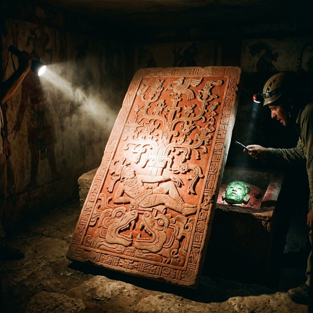 The moment of discovery inside Pakal's tomb — torchlight illuminating the carved sarcophagus lid and jade death mask for the first time in thirteen centuries