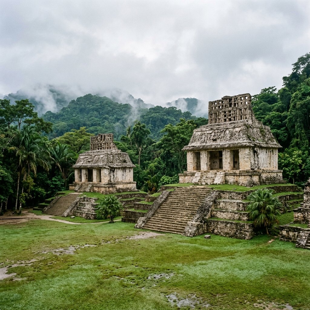The Temple of the Cross and Temple of the Sun at Palenque, set against misty mountains with their distinctive mansard-style roof combs