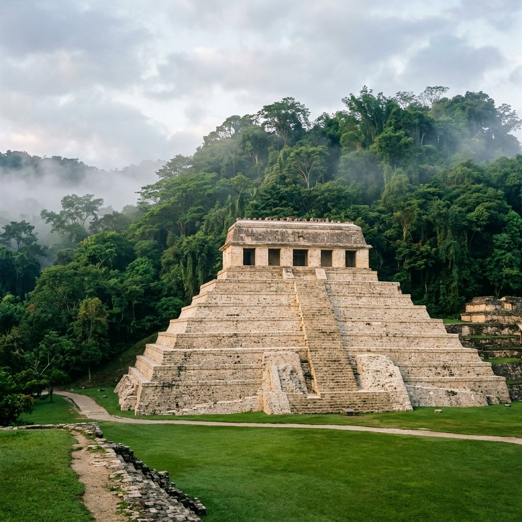 The Temple of the Inscriptions at Palenque — an elegant nine-level pyramid rising from a grass terrace into the misty jungle hillside