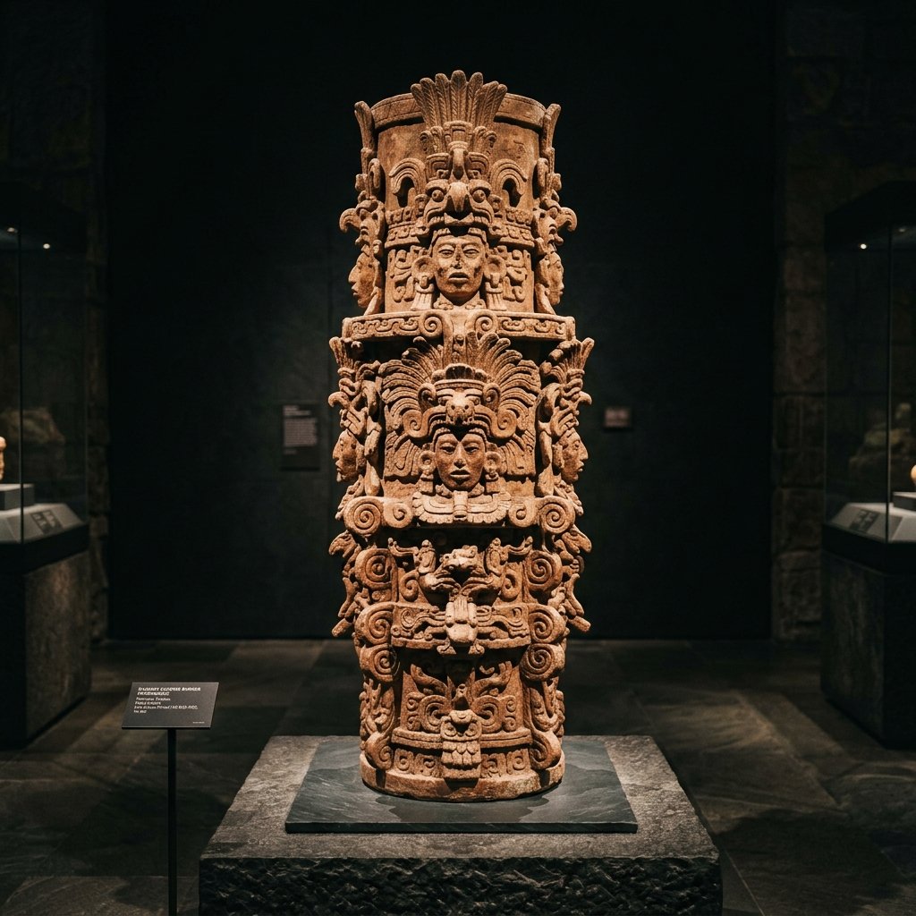Towering Maya ceramic incense burner from Palenque — about 1 meter tall with elaborate deity masks and feathered elements