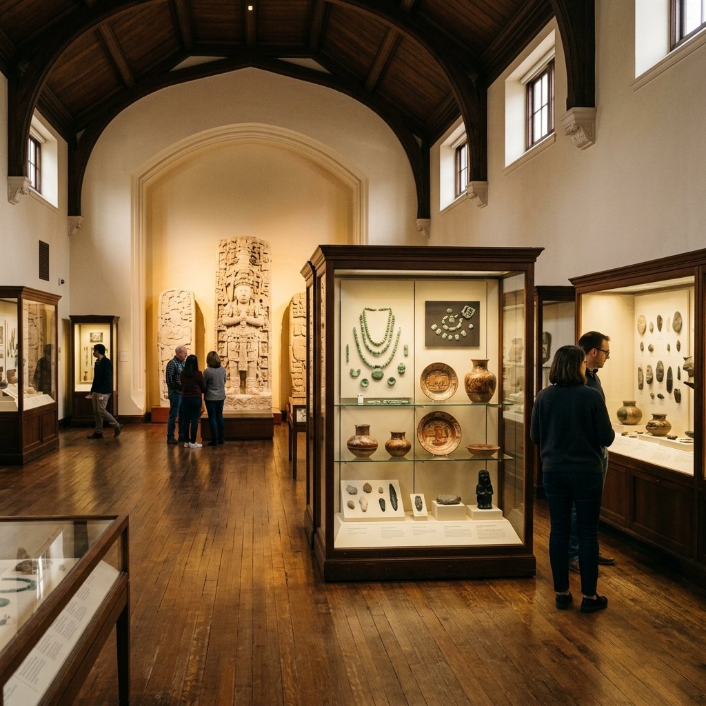 Interior of the Peabody Museum's Mesoamerican gallery showing display cases with Maya artifacts and large plaster casts of stelae