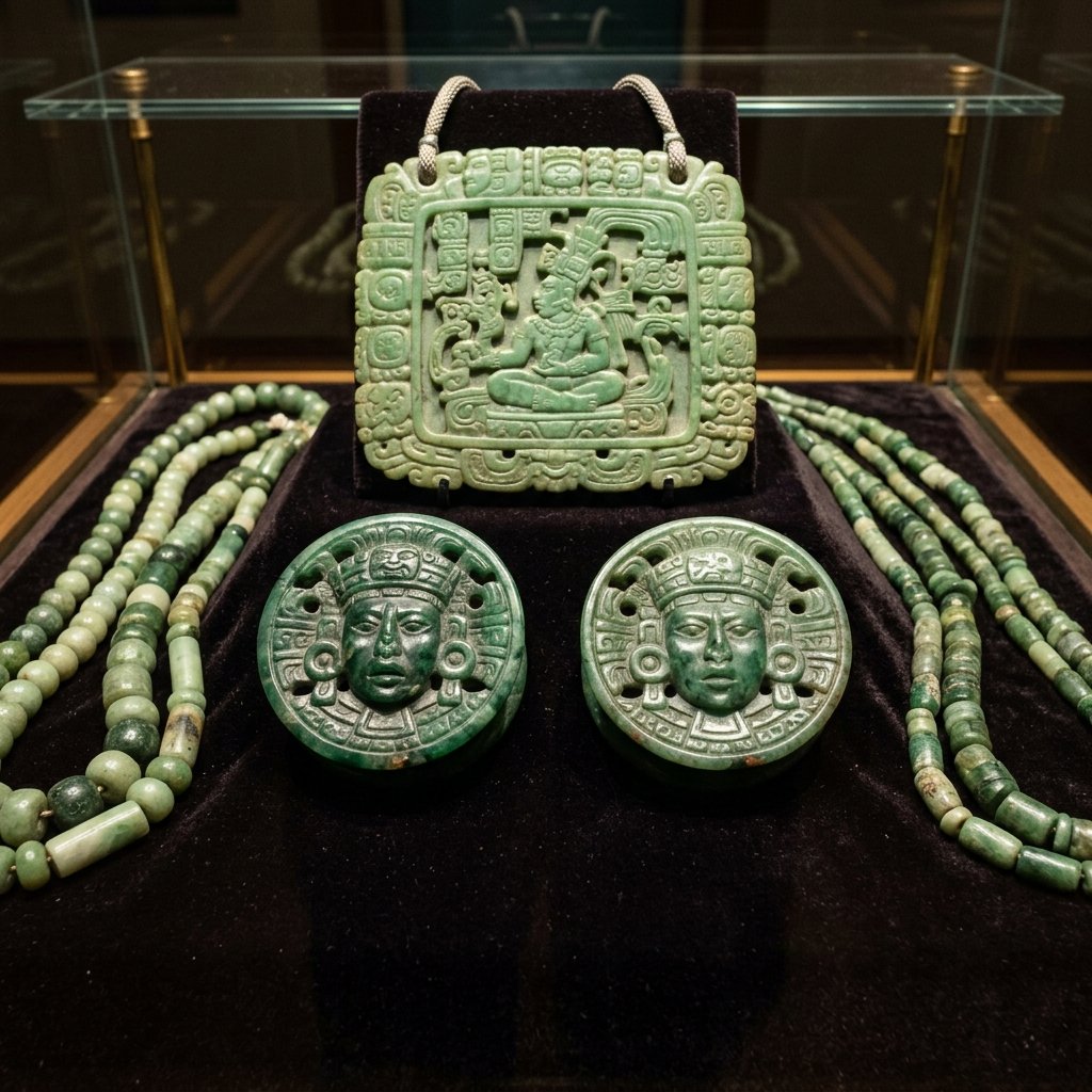 Maya jade ear spools and pectoral pendant displayed on dark velvet — ranges from deep emerald to pale green