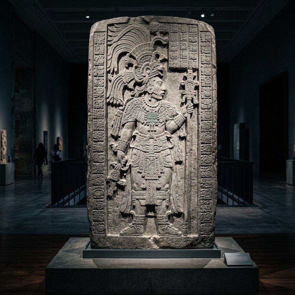 Massive Maya stone stela displayed in the Penn Museum — 3 meters tall, showing a standing king in full regalia with hieroglyphic text on the sides
