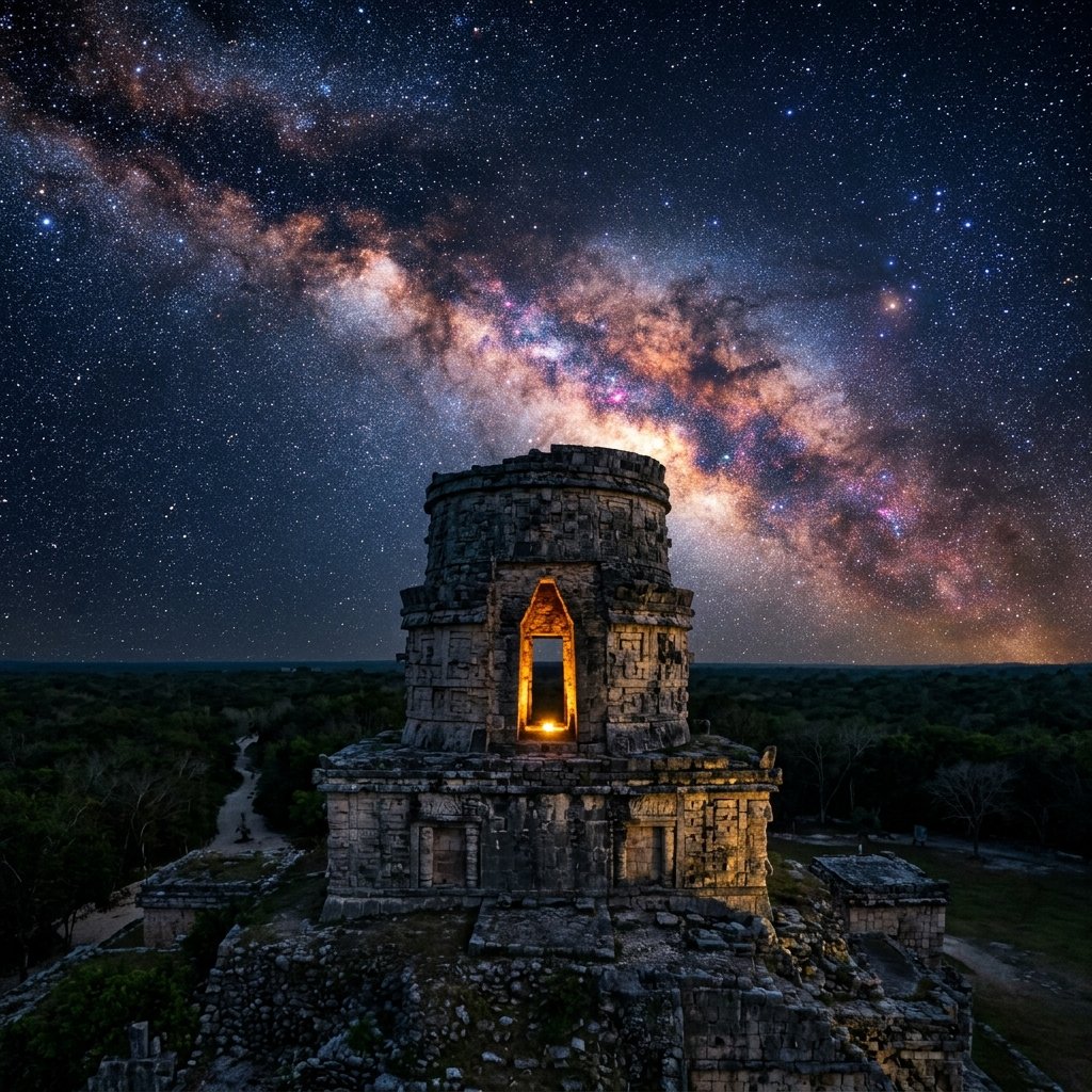 Starfield over a Maya observatory with cosmic symbols