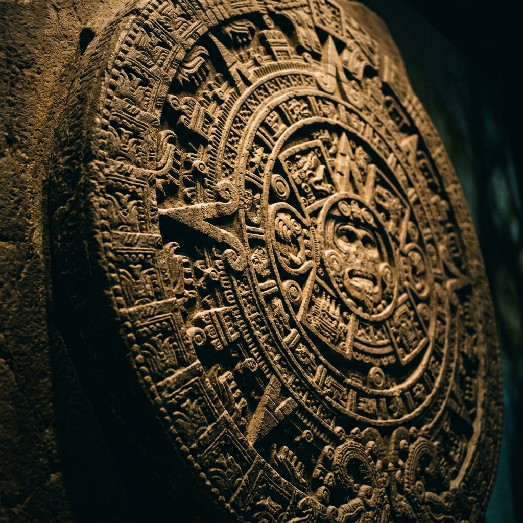 Ancient Mayan calendar stone wheel with intricate carvings