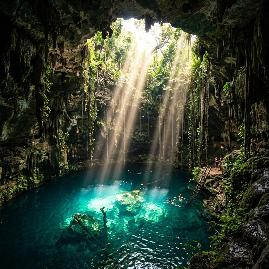 Cenote with light beams piercing through the jungle canopy into crystal blue water
