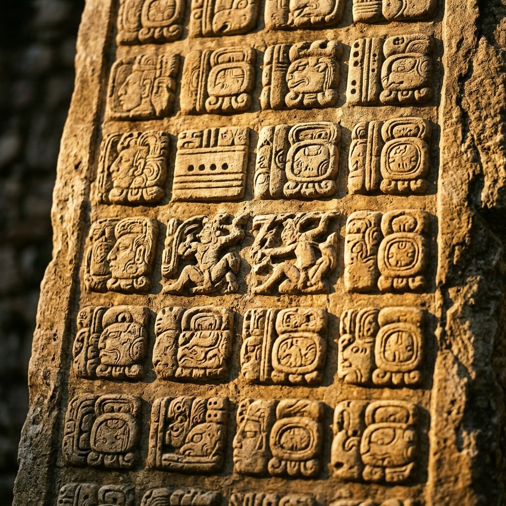 Detailed Maya glyphs carved into limestone with golden light